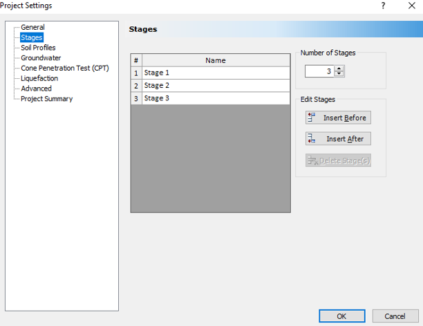 Project Settings dialog - Stages tab